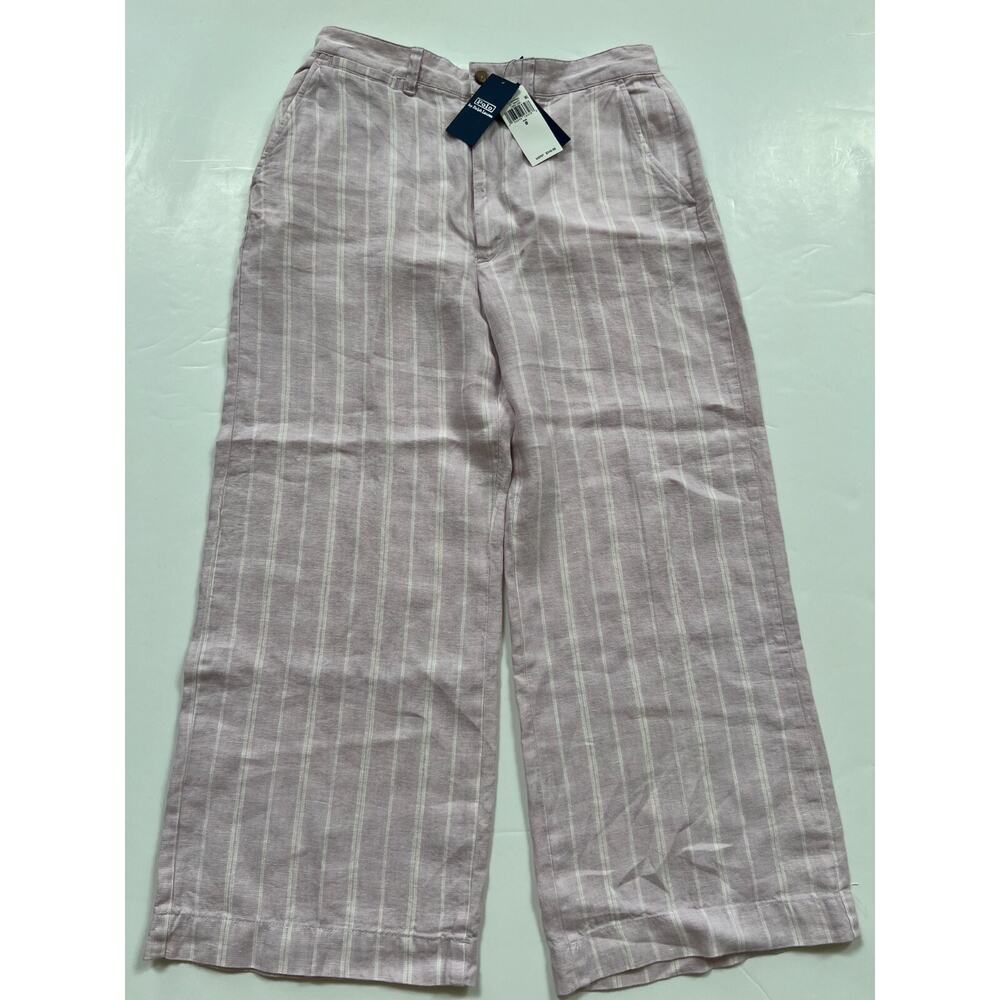 Polo Ralph Lauren Striped Cropped-Leg linen Trousers Light Pink Women's Size 8